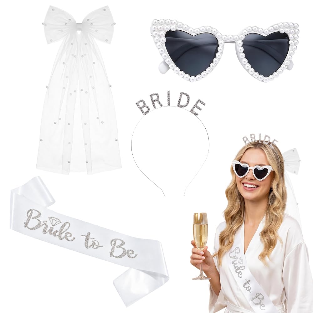 4Pcs Hen Party Bride Set Bride to Be Accessories Set Includes Pearl Heart Sunglasses, Silver Glitter Brides Headband, White Satin Sash Bow Veil for Hen Do, Bridal Shower Engagement Party (white)