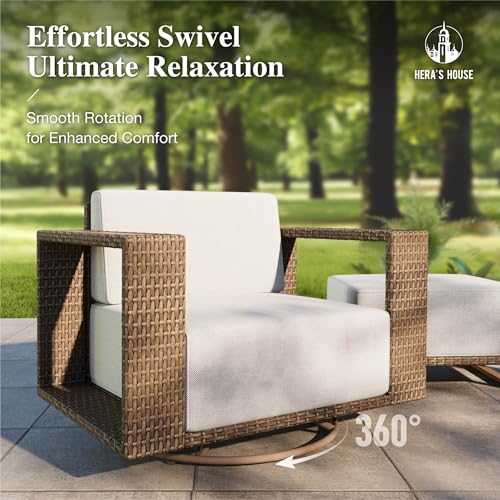 Image of HERA'S HOUSE Patio Sectional Furniture Set with Swivel Chairs, L Shape Modular Outdoor Conversation Set with 10 inch Thick Cushion, 5 Seats Yellow Rattan Wicker Sofa for Deck Yard Lawn