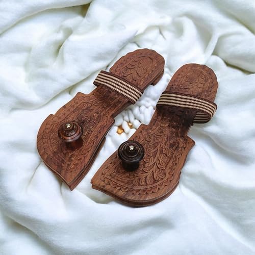 Image of Khadau Chappal for Men | Wooden Charan Paduka for Puja, Wearable Wooden Chappal Eco-Friendly (Rosewood) (8UK, Fish-Strap)