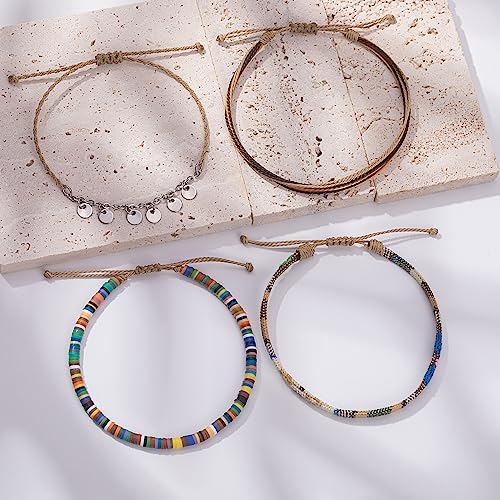 FANCY SHINY Waterproof String Anklets Boho Clay Beads Ankle Bracelets Cute Cloth Stainless Steel Coin Anklet Set Beach Summer Jewelry for Women3