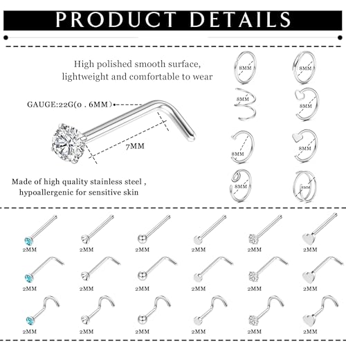 FINREZIO 34pcs 22G Nose Rings - Hoop Studs, L-Shaped Screw Studs, Hypoallergenic Surgical Steel Nose Piercing Jewelry for Women & Men2