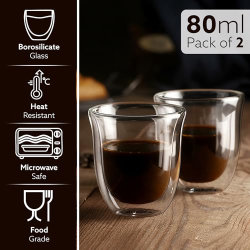 Image of AGARO Elite Double Wall Glass Espresso Cups 80ml, Pack of 2 | Premium Borosilicate, Heat Resistant, Ideal for Coffee, Tea, Latte, Microwave & Dishwasher Safe