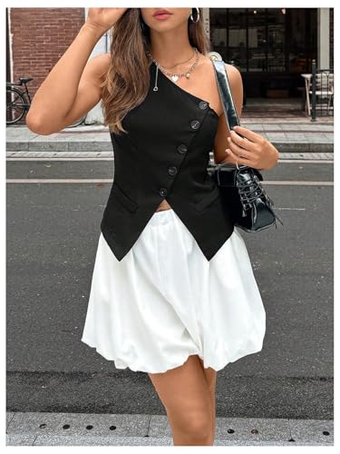 MakeMeChic Women's One Shoulder Vest Tops Asymmetrical Button Down Sleeveless Tank Tops3