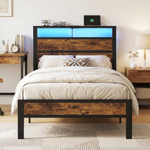 Image of Liians Twin Bed Frame with Storage Headboard USB Charging Station, Smart LED Lights, Metal Platform Bed Easy Assembly, No Box Spring Needed