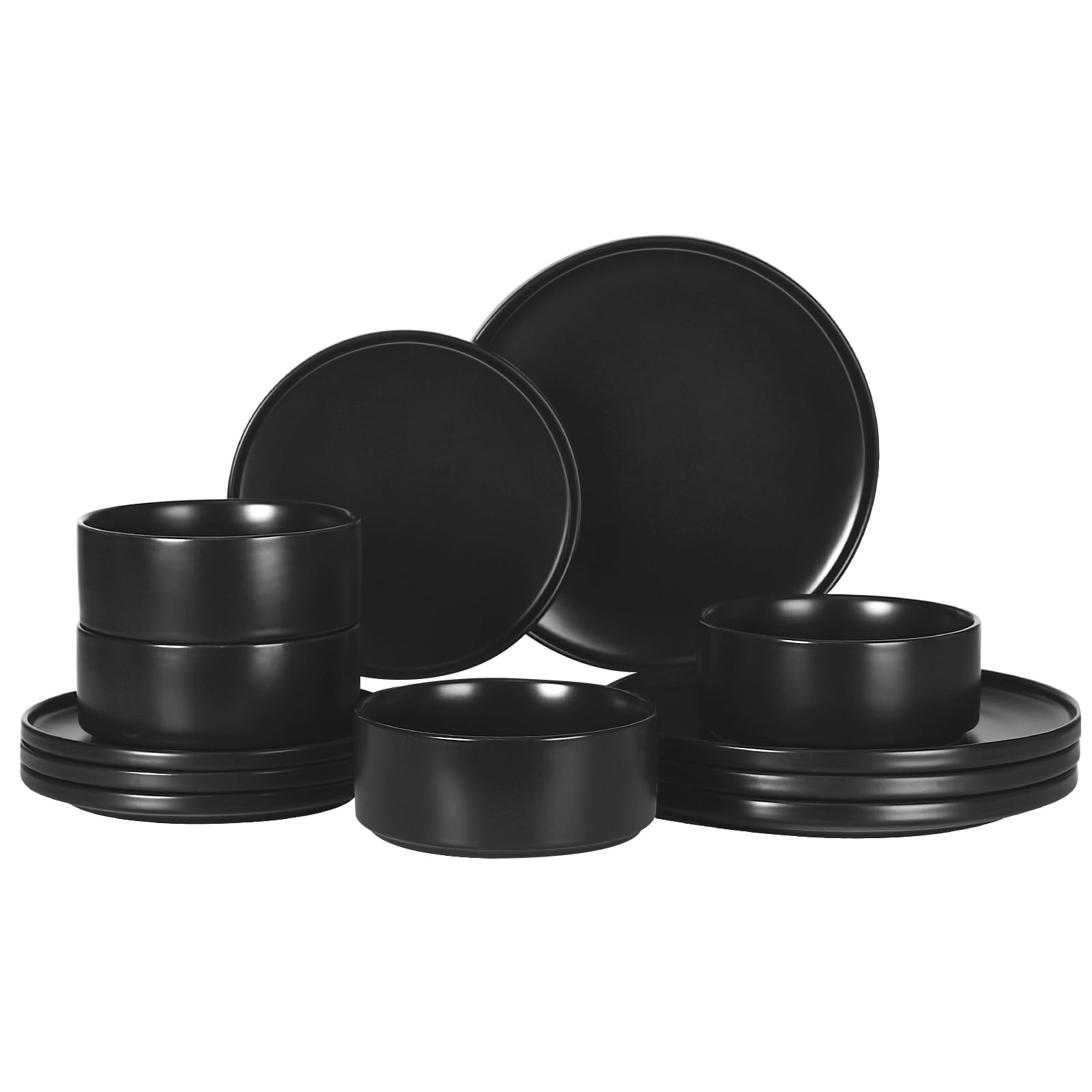 GZG Ceramic Dinnerware Set for 4,12 Piece Modern Style Stoneware Set,Microwave and Dishwasher Safe Plate and Bowl,Scratch Resistant Stackable(Matte Black,Set(12PCS))