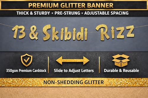 Image of Pre-Strung 13 & Skibidi Rizz Gold Glitter Banner - Funny 13th Birthday Decorations for Teen Boys and Girls - Birthday Party Supplies and Gifts