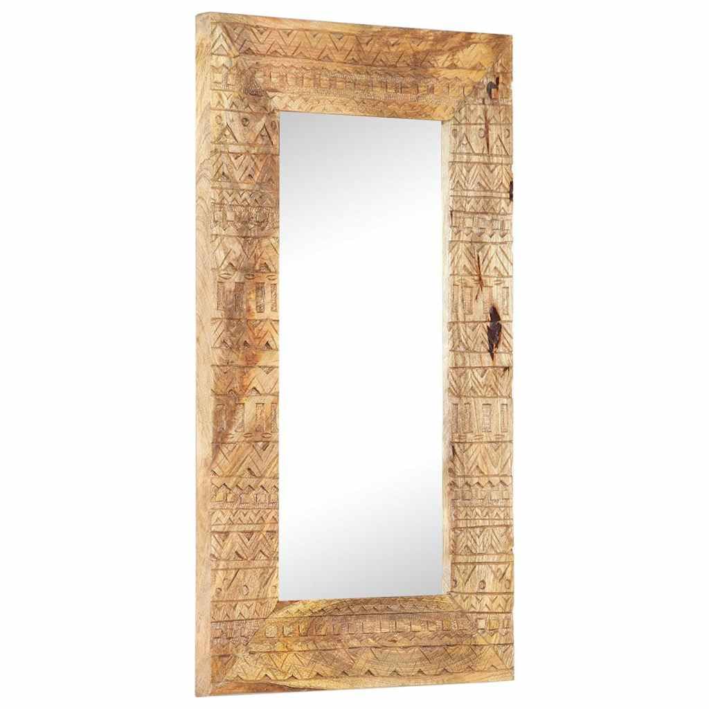 Ręcznie rzeźbione lustro ścienne 80 x 50 x 2,5 cm z litego drewna mango, dekoracyjne lustro drewniane z unikalnym rysunkiem słojów i ręcznie rzeźbionym wzorem, trwałe i wytrzymałe