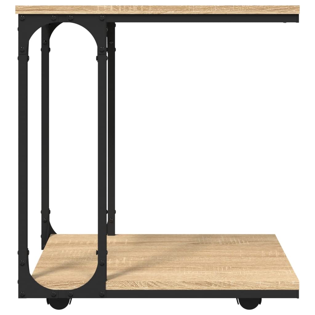 Mesa auxiliar con ruedas de roble Sonoma, 50 x 35 x 55,5 cm, mesa de centro en forma de C con estante y estante para salón, dormitorio, pasillo, balcón, sofá, cama, decoración, lámpara