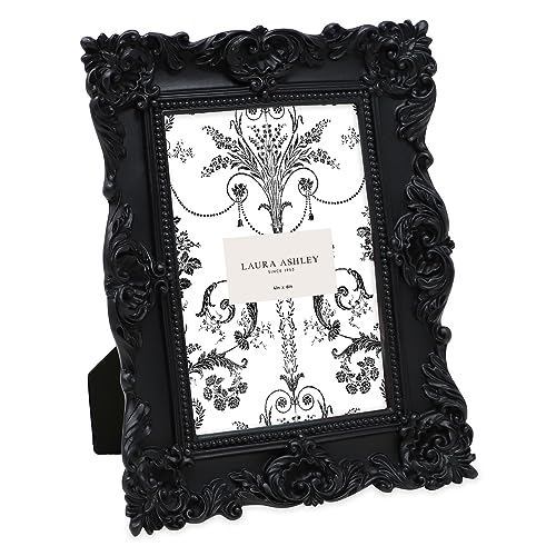 Laura Ashley 4x6 Black Ornate Textured Hand-Crafted Resin Picture Frame with Easel & Hook for Tabletop & Wall Display, Decorative Floral Design Home Décor, Photo Gallery, Art, More (4x6, Black)