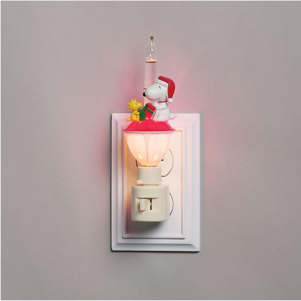 Roman Snoopy and Woodstock Christmas Bubble Night Light – 6-Inch Peanuts Plug-in Nite Lite with Bubbling Effect, Festive Holiday Bedroom or Hallway Décor