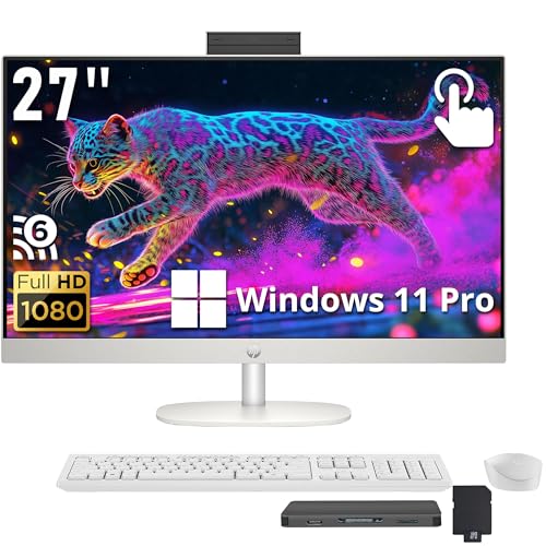 Image of HP 27 inch FHD Touchscreen All-in-One Desktop, AMD Ryzen 5 7520U, 16GB LPDDR5, 672GB Storage (512GB SSD+160GB Docking Station), FHD IR Camera, Wi-Fi 6, Wireless Keyboard & Mouse, Windows 11 Pro, White