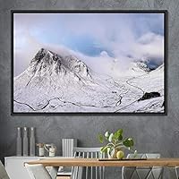 Framed Canvas Wall Art Snow Mountain Cool Expressive Farmhouse/Country Landscape Mountain Top Multicolor Photography Portrait Realism - 16x24 inches