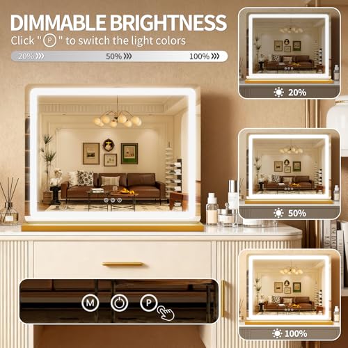Image of ROLOVE Vanity Mirror with Lights, Lighted Vanity Mirror with Dimmable 3 Modes, LED Makeup Mirror, Touch Screen Control, for Makeup Desk, Dressing Room, Gold, 23x19 Inch