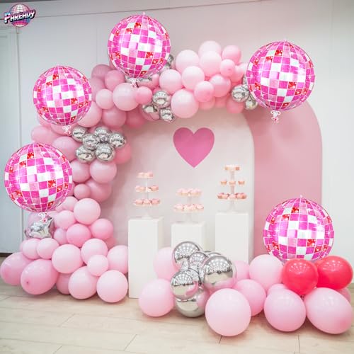 Image of 6pcs 22 Inch Pink Disco Ball Balloons, Shiny Pink Big Disco Foil Balloons