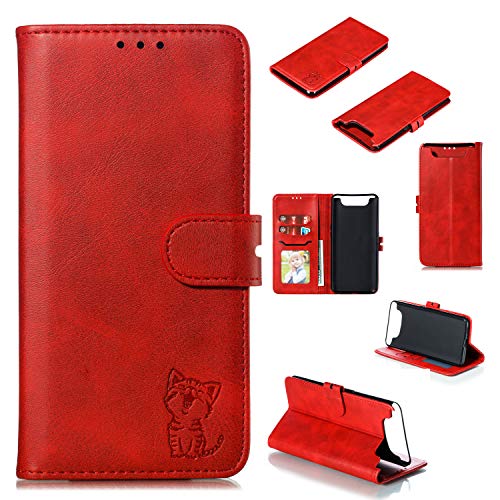 Robinsoni Case Compatible with Samsung Galaxy A90 Retro Leather Wallet Cover with Card Holder Slots Cat Printed Folio Flip Book Cover Case TPU Silicone Inner Case Kickstand Magnetic Closure Case, Red