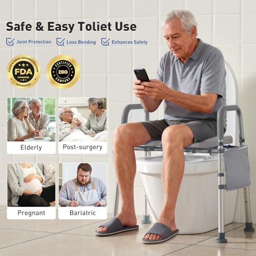 Image of WHLICKS 500lbs Raised Toilet Seat with Handles - Adjustable Width Elevated Seat, Cozy Padded Toilet Seat Risers for Seniors, Handicap & Disabled, Fits All Toilets, Gray