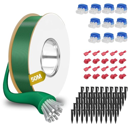 50M Universal Begrenzungskabel für Mähroboter +50 Erdnägel+10 Mähroboter Kabelverbinder+10 Anschlussklemmen, Rasenmäher Kabel Zubehör Set, Kompatibel mit Gardena Bosch Husqvarna Worx Honda Robomow usw