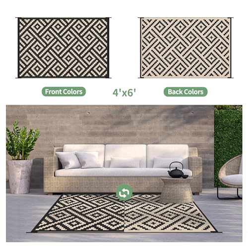 Image of GENIMO Outdoor Rug 4'x6' Waterproof, Reversible Camping Mat, Plastic Straw Rugs for Patio, RV, Camper, Balcony, Backyard, Picnic, Deck (Black & Beige) | Outside Larger Modern Carpet Mat for Porch Decor, Deck, Balcony, Camping, RV, Backyard, Picnic, Beach, Reversible, Foldable