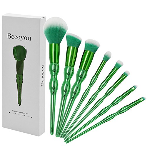 Becoyou Makeup Brushes set, 8 in 1 Green Contour brushes for Face Powder Foundation Concealer Eyeshadow Blush Cosmetics Blending Brush Tool