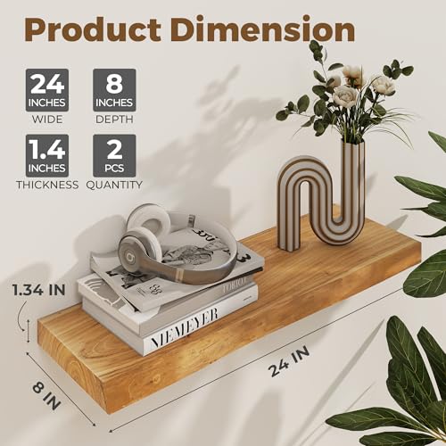 Image of Axeman 24 inch Floating Shelves for Wall Live Edge, Natural, 2PCs | 8'' D Rustic Solid Elm Wood, Wall Mounted, Invisible Bracket, Living Room Bedroom Kitchen