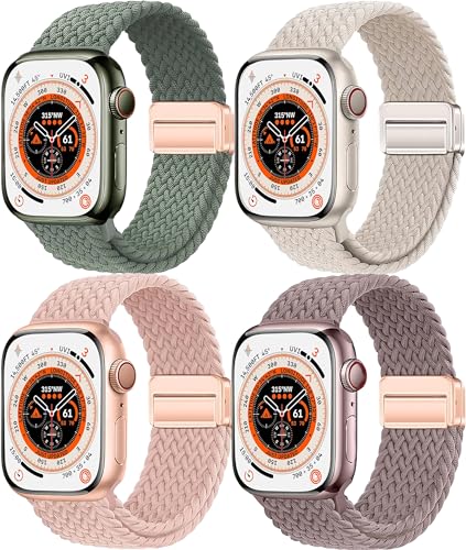 Osber 4 Pack Braided Magnetic Band Compatible with Apple Watch Women Men Kids 41mm 40mm 38mm, Stretchy Nylon Sport Loop Strap for iWatch Ultra 2/1 Series 9 8 SE 7 6 5 4 3 2 1