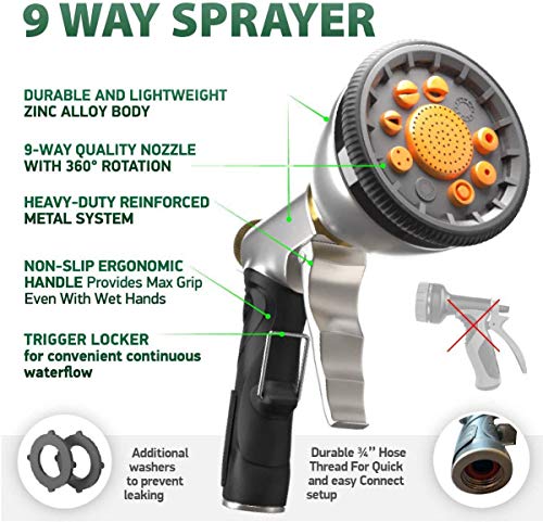 TBI Pro Expandable Garden Hose Kit 50-100 ft - Superior Strength 3750D - 4-Layers Latex, Extra-Strong Brass Connector- 10-Way Durable Zinc Water Spray Nozzle 2 Way Pocket Flexible Splitter (50FT Set)