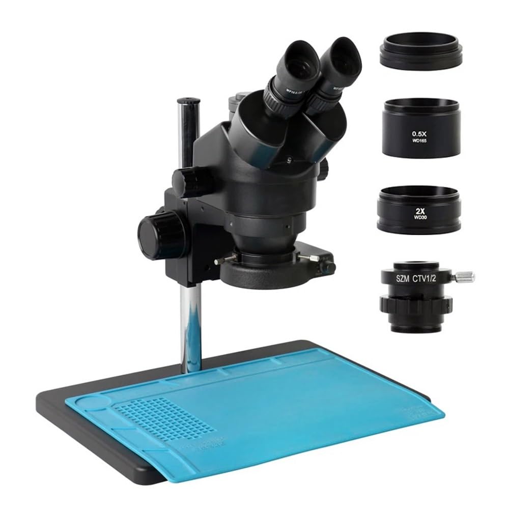 Microscope 3.5X-90X Simul Focal Parfocal Trinocular Stereo Microscope 0.5X 1X 2X Barlow Lens 144 LED Ring Light for Phone Repair Soldering, Adjustable Metal Arm A(Black)