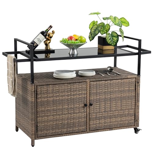 HOMEFUN Outdoor Bar Cart Table - Patio Console Storage Cabinet BBQ Grill Carts Buffet with Wheels Waterproof Wicker Serving Tables for Outside, Brown