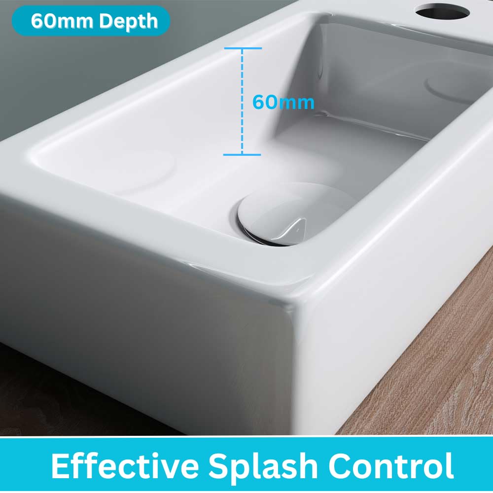 DB Durovin Bathrooms Small Cloakroom Basin - Wall Mounted Basin - Rectangular Countertop Basin - One Right Hand Tap Hole- 370 x 180 x 90mm (WxDxH)