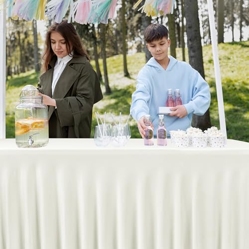Image of HolidayIdeas Spandex Table Skirts for Rectangle Tables 8 Ft, Fitted Stretch Table Cover 30x96 Inch, Wrinkle-Free Ruffle Design Tablecloths for Banquets,Trade Shows, Parties, Events, 4 Pack, Beige