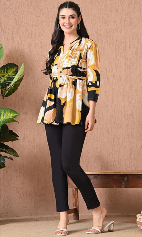 Image of Sun Fashion And Lifestyle Women's Cotton Printed Top Abstract Print Pleated Yoke Tunic Casual Regular Fit Shirt for Office (KT67 Yellow)