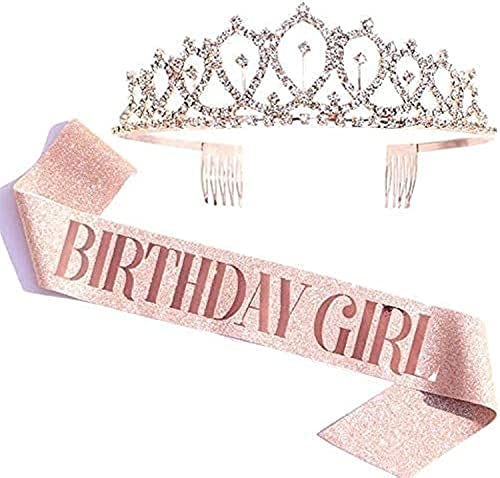 HuanShiJingXuan Tiara & Sash Set - Birthday Girl Rose Gold - Glitter Sash & Rhinestone Tiara - One Size - Female - Plastic - Rose Gold