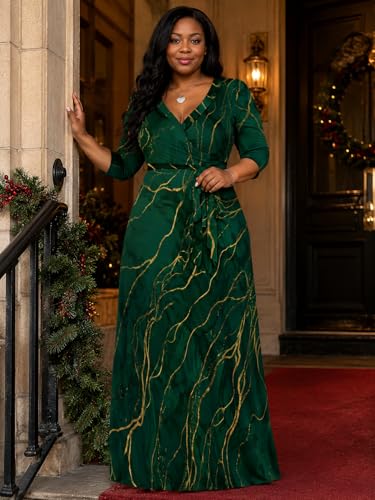 Image of Plus Size Dresses for Women Print Maxi Dresses 3 /4 Sleeve with Belt