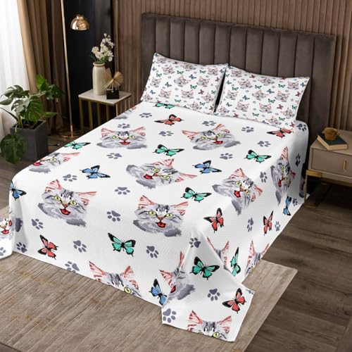 Feelyou Kids Cute Cat Bedspread Colorful Butterfly Cute Kitten Quilt Set for Children Boys Girls Toddler Cartoon Pet Cats Coverlet Kawaii Animal Quilted Room Decor Bedroom Collection King Size