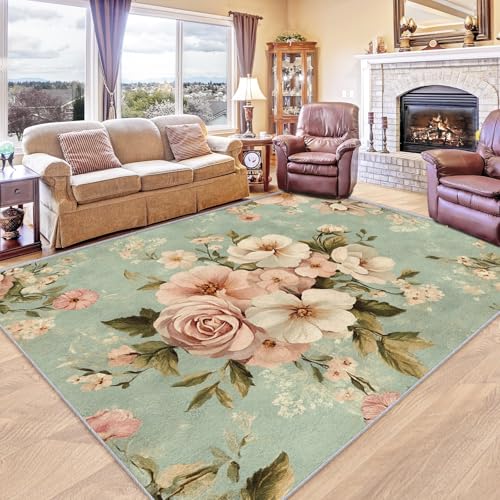 Tapete Floral Blanco y Rosa 6x8 pies Antideslizante Lavable miniatura 3