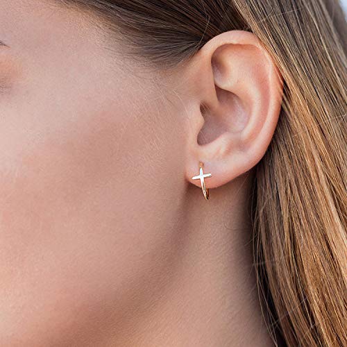 Myears Women Cross Earrings Gold Open Hoop C Shape 14K Gold Filled Small Boho Beach Simple Delicate Handmade Hypoallergenic Illusion Religious Jewelry Gift #TOP5