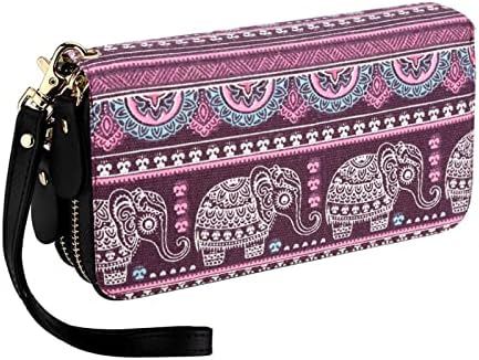 RFID Blocking Bohemian Purse Wallet Canvas Elephant Pattern Handbag with Coin Pocket and Strap
