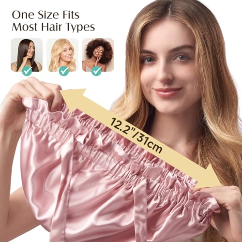 YFONG Double Layered 100% Mulberry Silk Bonnet for Sleeping Women, Large 22MM Luxury Silk Sleep Cap with Elastic Band & Tie, Natural Night Hair Wrap for Hair Care Short Long Curly Hair, Pink - Thumbnail 5