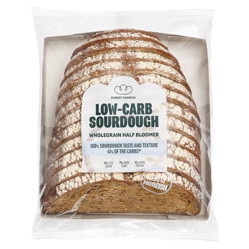 Robert Andrew Low Carb Sourdough Wholegrain Bread - 5.6g Carbs, 7g Protein, Sliced High Protein Half Bloomer, Low Calorie Keto Loaf, Low Sugar Ketogenic Diet, Diabetic Food, 88 Calories – 400g