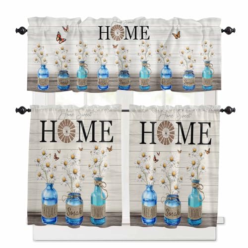 Farmhouse Daisy Kitchen Curtains 36 Inch Length, 3 Piece Rod Pocket Small Half Tiers and Valance Set, Blue Bottle Flower Vintage Butterfly Small Large Window Treatment Decor for Bedroom/Bathroom Sink