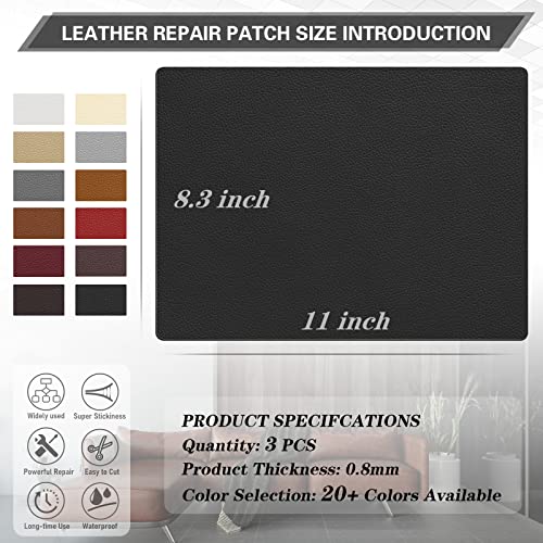 3pcs Leather Patch for Furniture, 8.3 x11 inch Self Adhesive Leather Repair Patch, Vinyl Leather Repair Kit for Car seat Couch Jackets Sofa Chair Black - Thumbnail 2