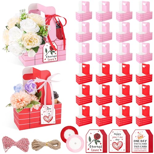 24 Set Appreciation Gift Inspirational 2 Cup Drink Carrier with Handle, Heart Portable Cup Holders Floral Gift Bags with Card and Rope, Mother Teacher's Day Favor for Hot Cold Drinks Coffee(2 Style)