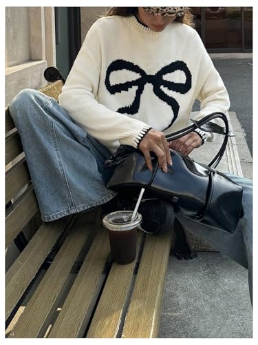 Image of BEAUDRM Women's Bow Graphic Knitted Sweater Crew Neck Long Sleeve Colorblock Pullover Knitwear Beige Large
