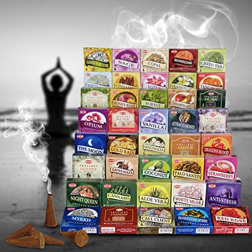 Hem Incense Cones Variety Pack of 12 Randomly Selected Fragrances and Incense Cone Holder Bundle Total 120 Cones