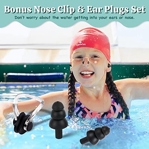 2 Pack Kids Swim Caps for Long/Short Hair, Unisex Silicone Swimming Cap for Age 3-15 Children Toddler Youth Teen, Waterproof Shower Cap Bathing Hats for Girls Boys with Ear Plugs & Nose Clip-1 by Vanocat - Image 7
