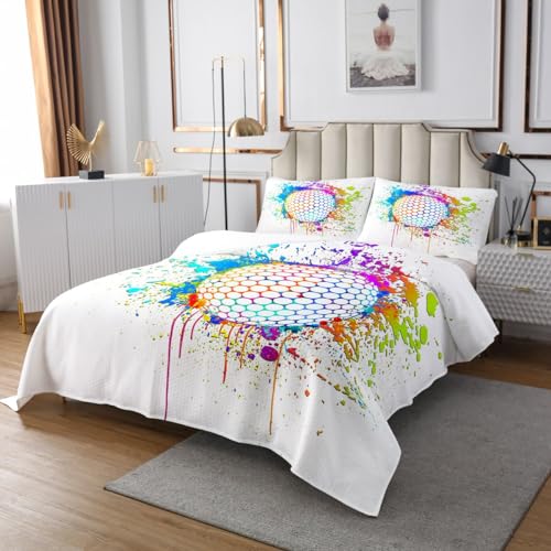 Golf Bedspread Set Queen Size for Kids,Boys Girls Watercolor Tie-dye Quilt Set Golf Ball Bedspread Coverlet White Hippie Graffiti Bedspread 3 Piece Decorative Bedding Quilted with 2 Pillow Shams