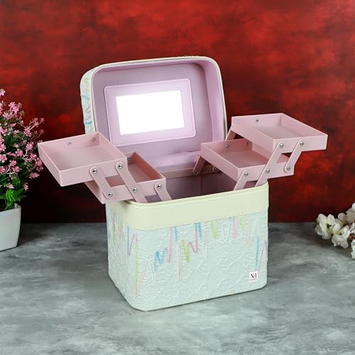 Image of NFI essentials Cosmetic Storage Makeup Bag for Womens Train Case Travel Makeup Pouch Organizer Brush Holder Makeup Artist Vanity Bridal Trousseau Box for Girls (Off-White)