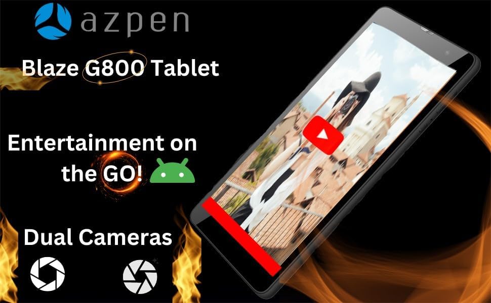 Azpen Tablet displaying a video, with icons for dual cameras and entertainment on the go