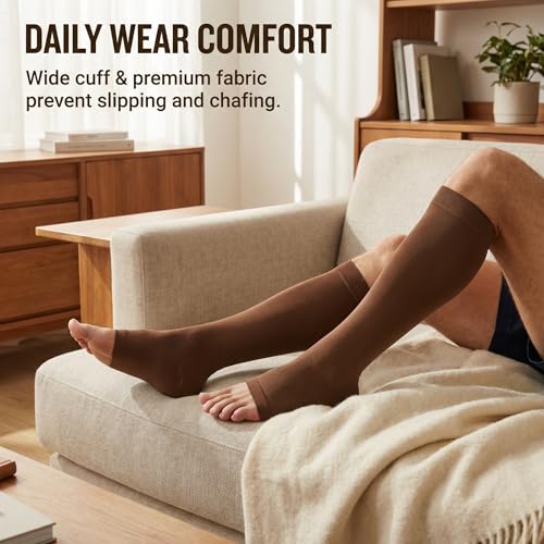 Image of MGANG Knee High Compression Socks 20-30mmHg for Varicose Veins, Open Toe | Graduated Compression, Circulation, DVT, Swelling, Nurses, Pregnancy, Standing, Office, Flight, Travel, Running, Recovery