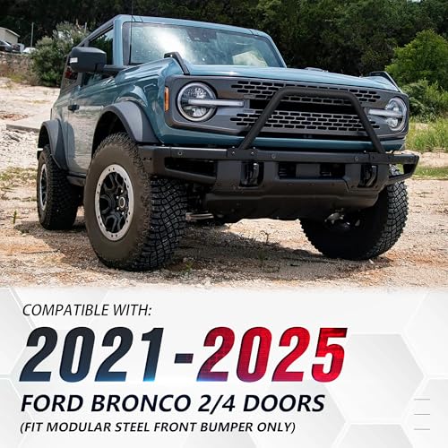 Image of YZONA Bull Bar with Light Bracket Grille Brush Guard Compatible with 2021 2022 2023 2024 2025 2026 Ford Bronco (ONLY fit Modular Steel Front Bumper), Off Road Push Bar Front Bumper Rack ROC, Black